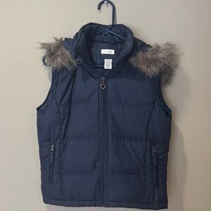 Maurice’s large navy vest with faux fur trimmed hood